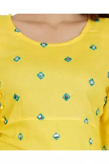 Women Rayon A-line Yellow Both Side Embroidered & Foil Work Long Kurta Kurti