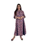 Womens Rayon Voilet Box Pleated Round NeckAnkle Length Kurti