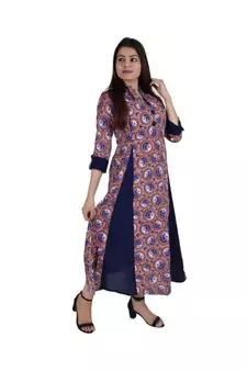 Womens Rayon Voilet Box Pleated Round NeckAnkle Length Kurti