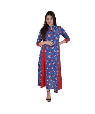 Womens Rayon Blue Box Pleated Round Neck Ankle Length Kurti 1
