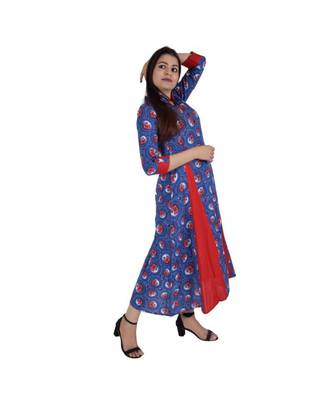 Womens Rayon Blue Box Pleated Round Neck Ankle Length Kurti 2