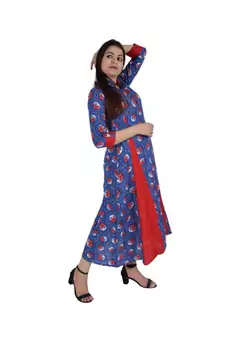 Womens Rayon Blue Box Pleated Round Neck Ankle Length Kurti