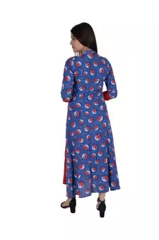 Womens Rayon Blue Box Pleated Round Neck Ankle Length Kurti