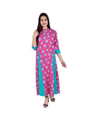 Womens Rayon Pink Box Pleated Round Neck Ankle Length Kurti 1