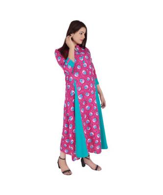 Womens Rayon Pink Box Pleated Round Neck Ankle Length Kurti 2