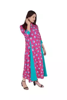 Womens Rayon Pink Box Pleated Round Neck Ankle Length Kurti