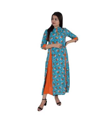 Womens Rayon Turquoise Box Pleated Round Neck Ankle Length Kurti 1