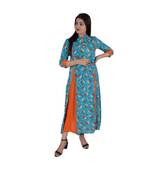 Womens Rayon Turquoise Box Pleated Round Neck Ankle Length Kurti
