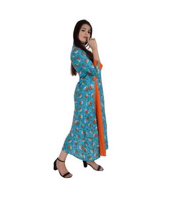 Womens Rayon Turquoise Box Pleated Round Neck Ankle Length Kurti 2
