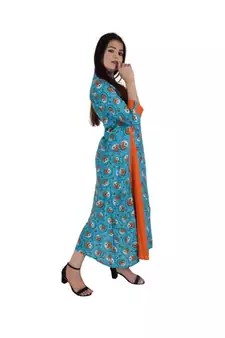 Womens Rayon Turquoise Box Pleated Round Neck Ankle Length Kurti