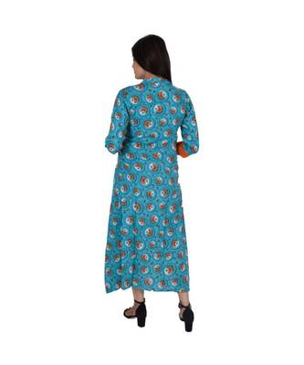 Womens Rayon Turquoise Box Pleated Round Neck Ankle Length Kurti 3