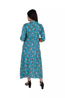 Womens Rayon Turquoise Box Pleated Round Neck Ankle Length Kurti