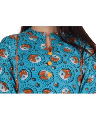 Womens Rayon Turquoise Box Pleated Round Neck Ankle Length Kurti 4