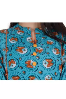 Womens Rayon Turquoise Box Pleated Round Neck Ankle Length Kurti