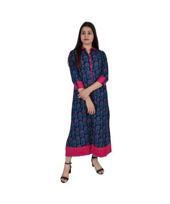Womens Rayon Navy Straight Collared NeckAnkle Length Kurti 1