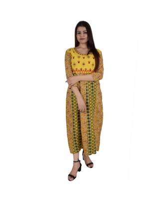 Womens Rayon Yellow Straight Round Neck Ankle Length Kurti 1