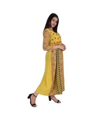 Womens Rayon Yellow Straight Round Neck Ankle Length Kurti 2