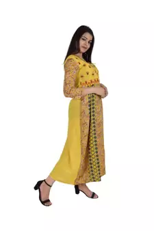 Womens Rayon Yellow Straight Round Neck Ankle Length Kurti