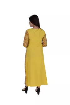 Womens Rayon Yellow Straight Round Neck Ankle Length Kurti