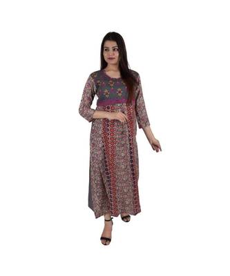Womens Rayon Gray Straight Round Neck Ankle Length Kurti 1