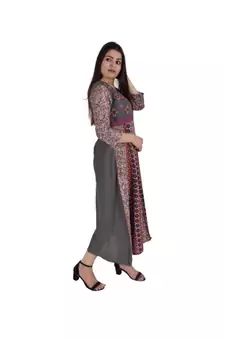 Womens Rayon Gray Straight Round Neck Ankle Length Kurti