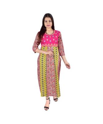 Womens Rayon Pink Straight Round Neck Ankle Length Kurti 1