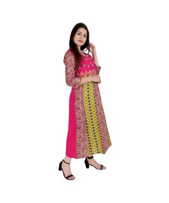 Womens Rayon Pink Straight Round Neck Ankle Length Kurti 2