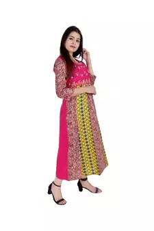 Womens Rayon Pink Straight Round Neck Ankle Length Kurti