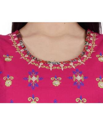 Womens Rayon Pink Straight Round Neck Ankle Length Kurti 4