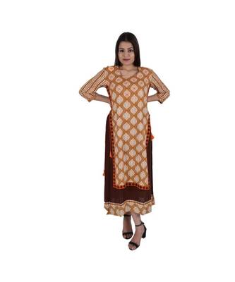 Womens Rayon Brown Straight Round Neck Ankle Length Kurti 1