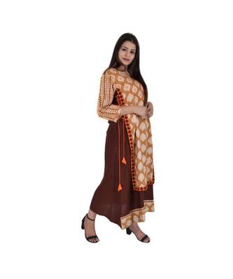 Womens Rayon Brown Straight Round Neck Ankle Length Kurti 2