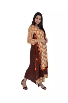 Womens Rayon Brown Straight Round Neck Ankle Length Kurti