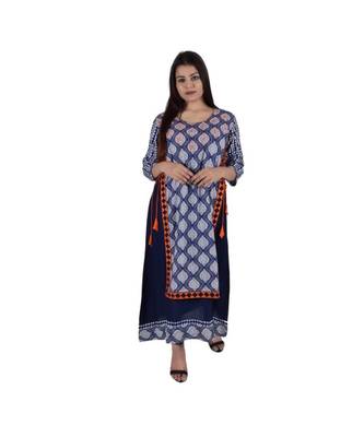 Womens Rayon Blue Straight Round Neck Ankle Length Kurti 1