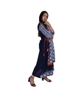 Womens Rayon Blue Straight Round Neck Ankle Length Kurti 2