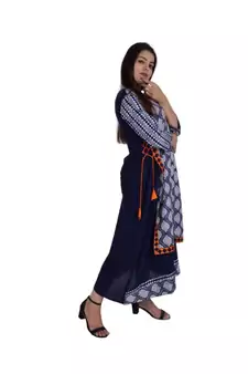 Womens Rayon Blue Straight Round Neck Ankle Length Kurti