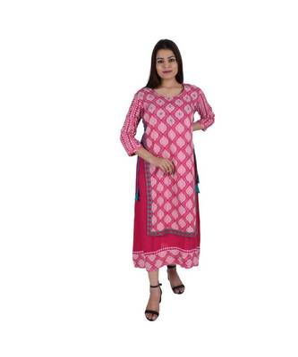 Womens Rayon Pink Straight Round Neck Ankle Length Kurti 1