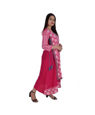 Womens Rayon Pink Straight Round Neck Ankle Length Kurti 2
