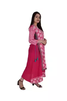 Womens Rayon Pink Straight Round Neck Ankle Length Kurti