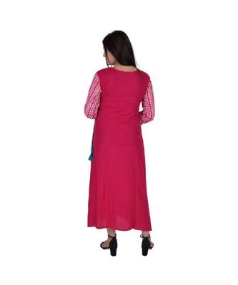 Womens Rayon Pink Straight Round Neck Ankle Length Kurti 3