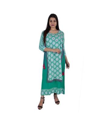 Womens Rayon Green Straight Round Neck Ankle Length Kurti 1