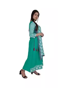 Womens Rayon Green Straight Round Neck Ankle Length Kurti