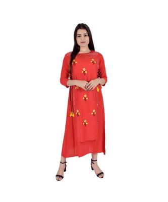 Womens Rayon Red Straight Round Neck Ankle Length Kurti 1