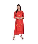 Womens Rayon Red Straight Round Neck Ankle Length Kurti