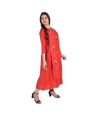 Womens Rayon Red Straight Round Neck Ankle Length Kurti 2