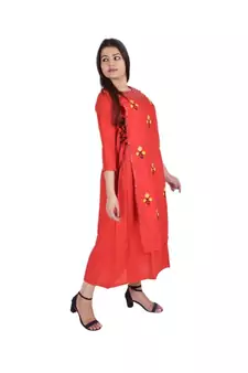 Womens Rayon Red Straight Round Neck Ankle Length Kurti