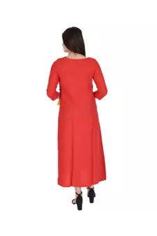 Womens Rayon Red Straight Round Neck Ankle Length Kurti