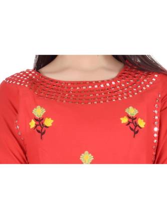 Womens Rayon Red Straight Round Neck Ankle Length Kurti 4