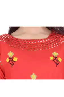 Womens Rayon Red Straight Round Neck Ankle Length Kurti