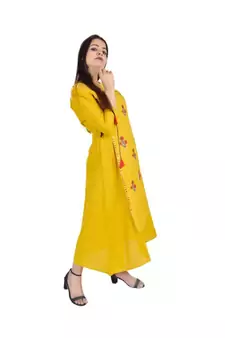 Womens Rayon Yellow Straight Round Neck Ankle Length Kurti