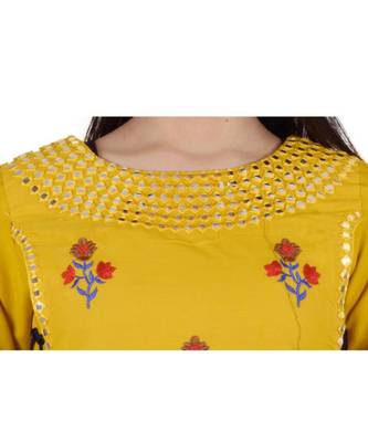 Womens Rayon Yellow Straight Round Neck Ankle Length Kurti 4